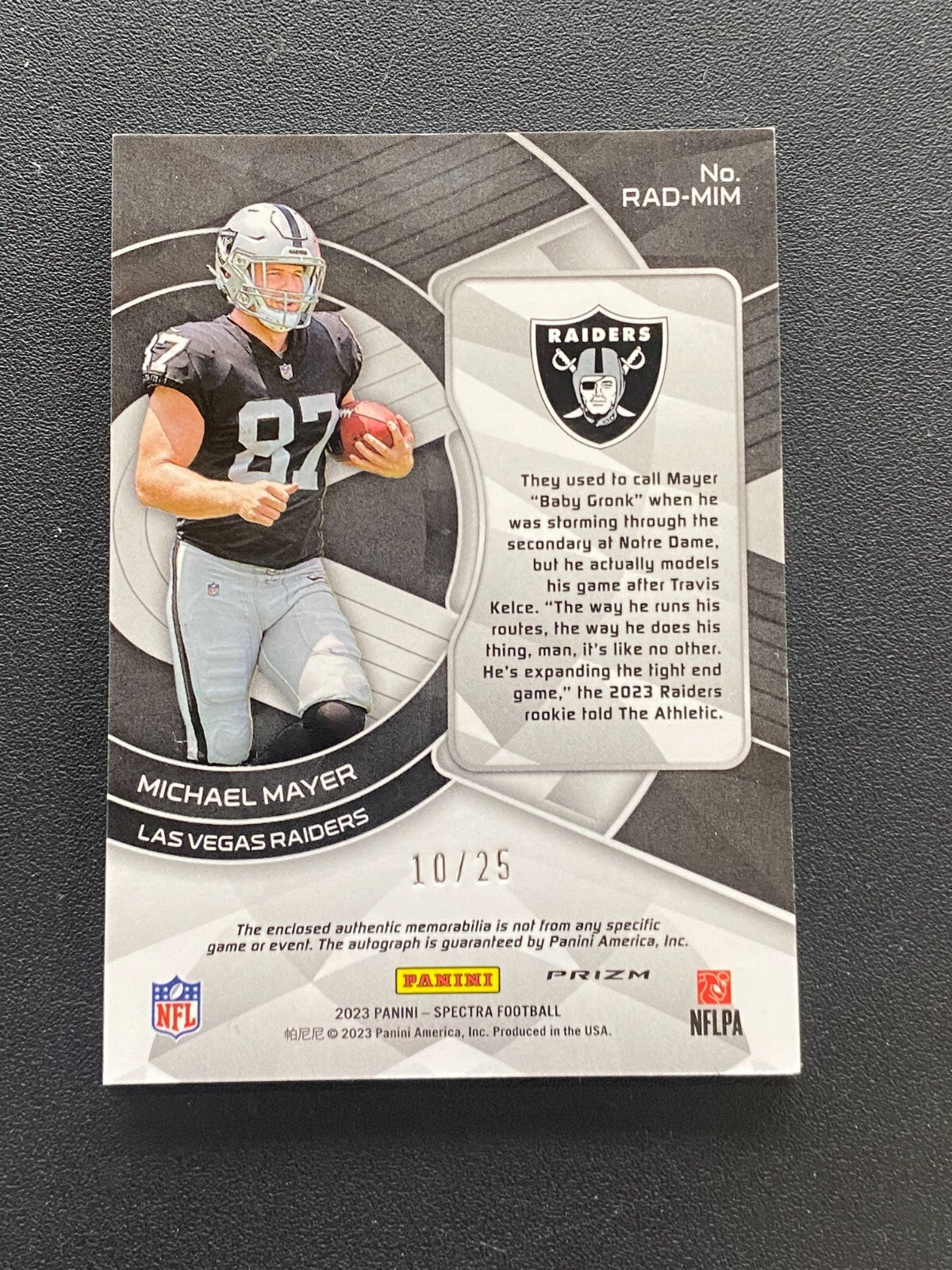 Michael Mayer 2023 Spectra Auto Autograph Patch RC Las Vegas Raiders 10/25