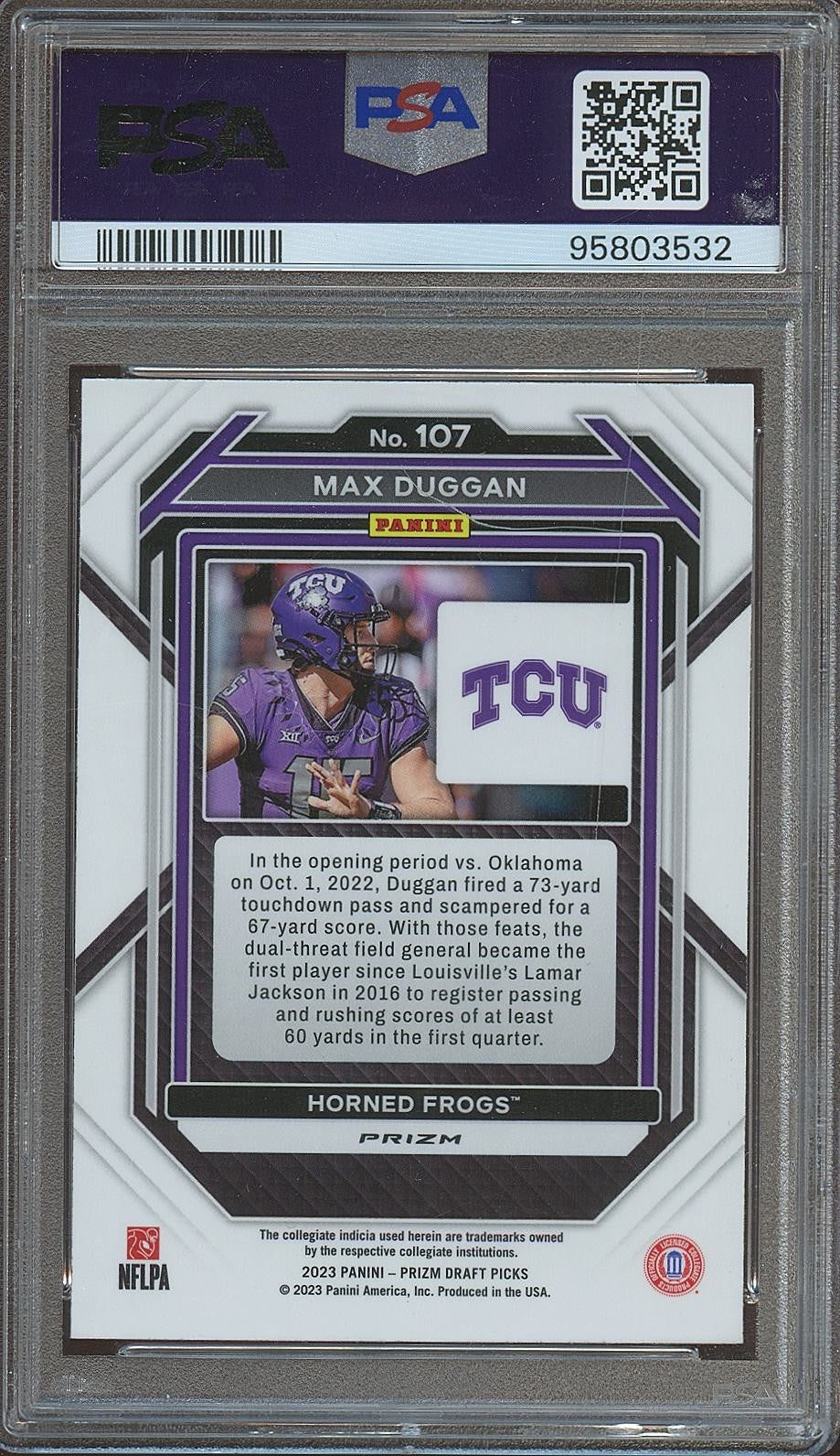 Max Duggan 2023 Prizm Draft Snakeskin Prizm SSP Rookie RC TCU Frogs #107 PSA 10