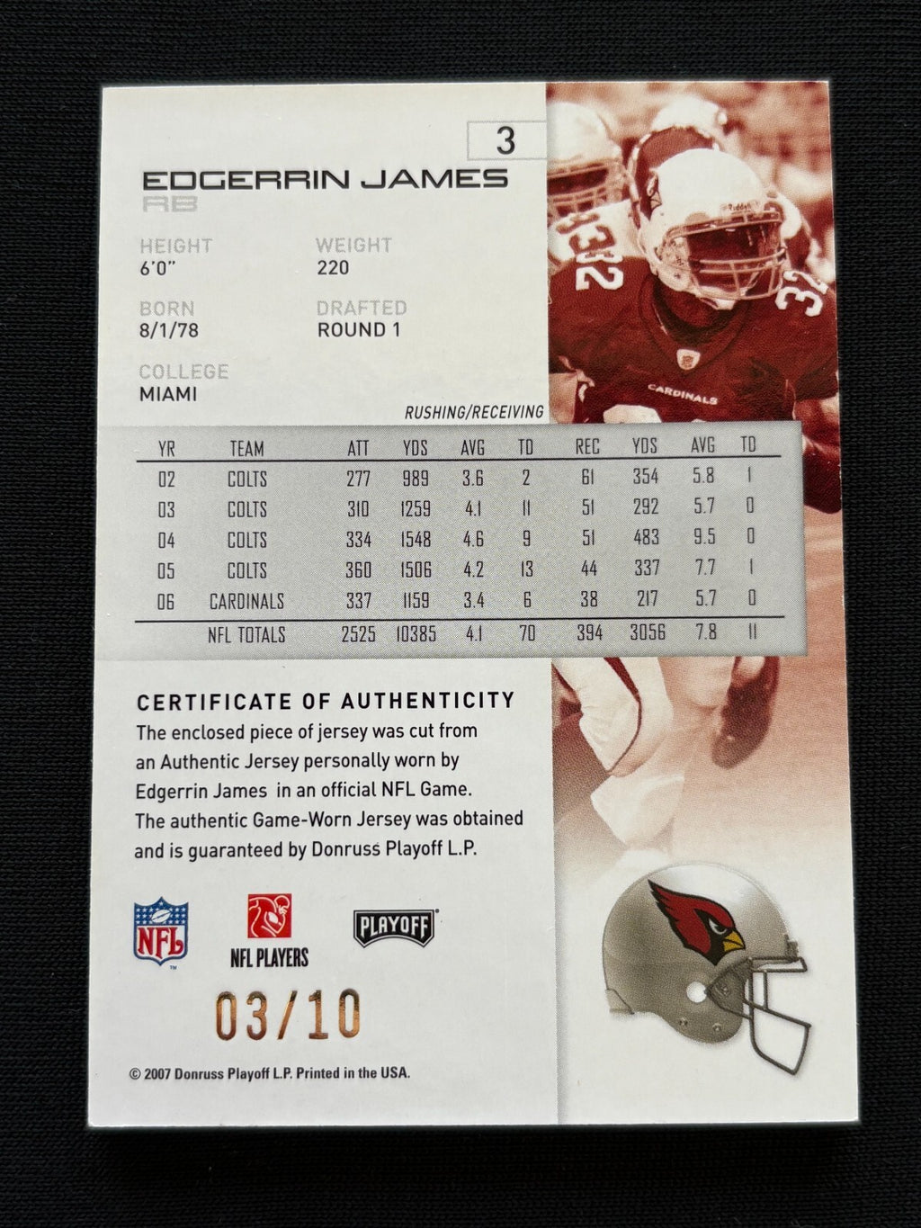 Edgerrin James 2007 Playoff Game Worn Prime LOGO Patch Arizona Cardinals 3/10