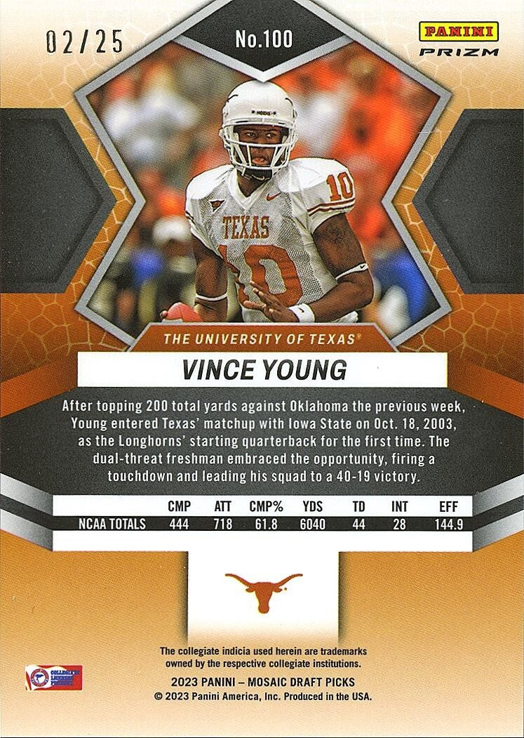 Vince Young 2023 Mosaic Pink Prizm SSP Texas Longhorns 2/25 #100