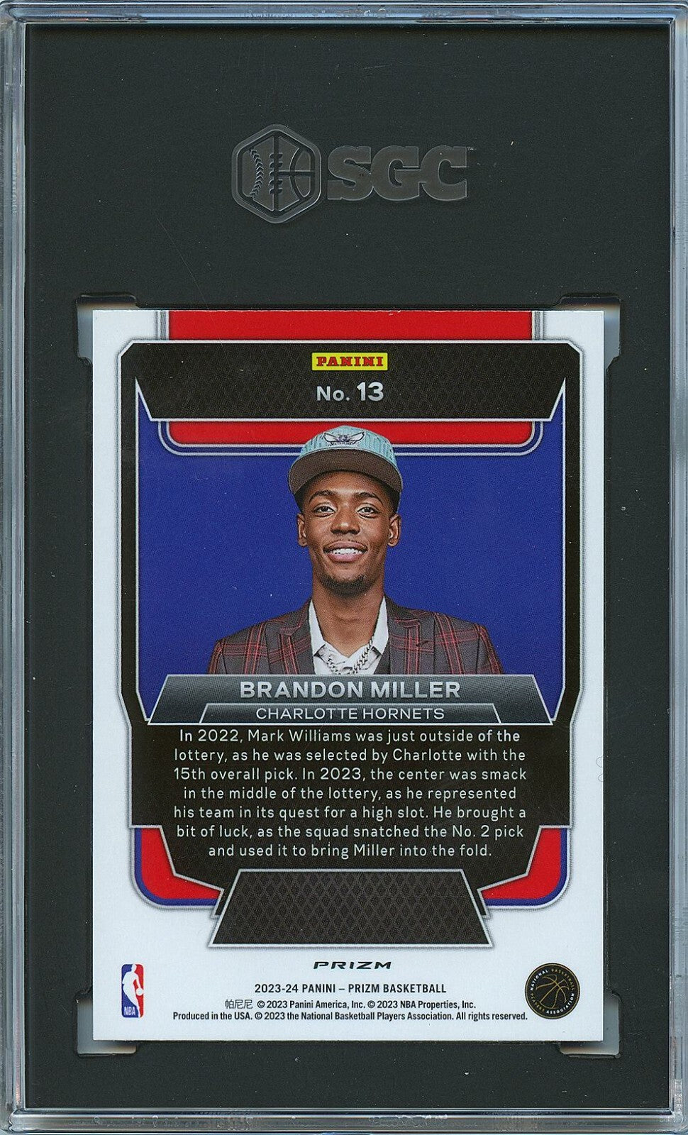 Brandon Miller 2023-24 Prizm Luck Of Lottery BLUE Wave Rookie Hornets SGC 10