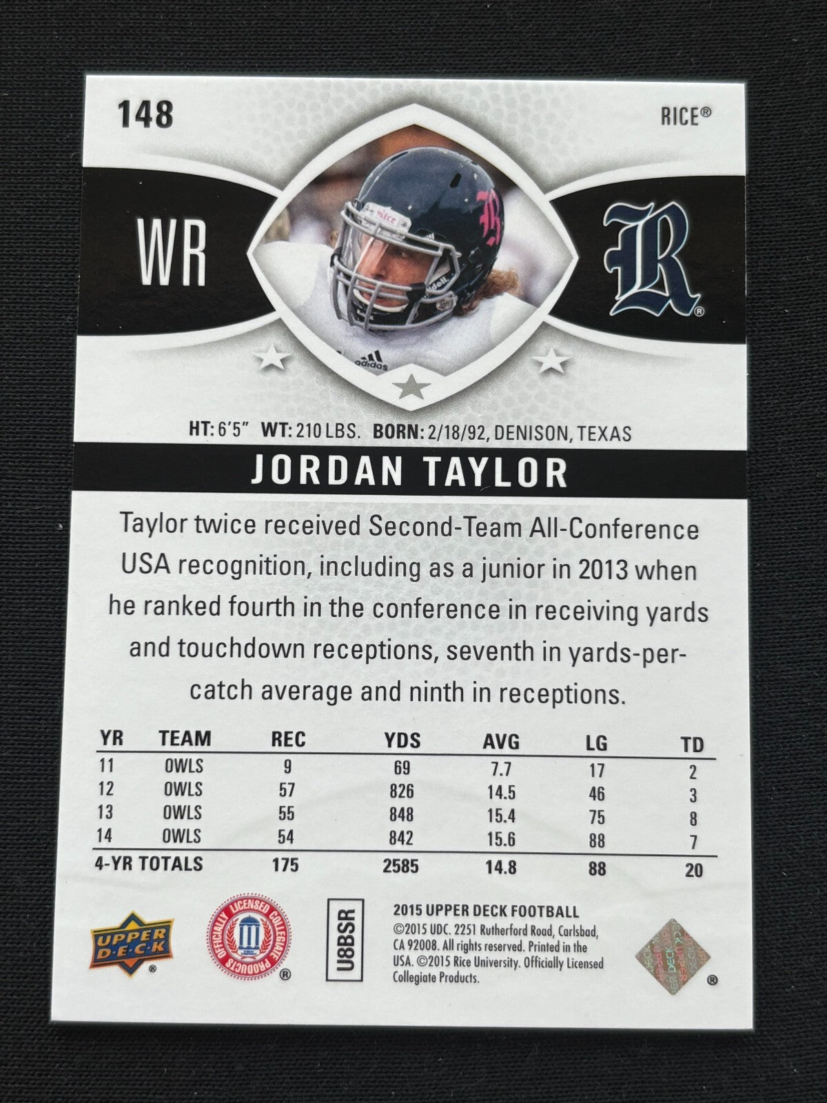 Jordan Taylor 2015 Upper Deck Star Rookie RC Black & White SSP Rice 3/10