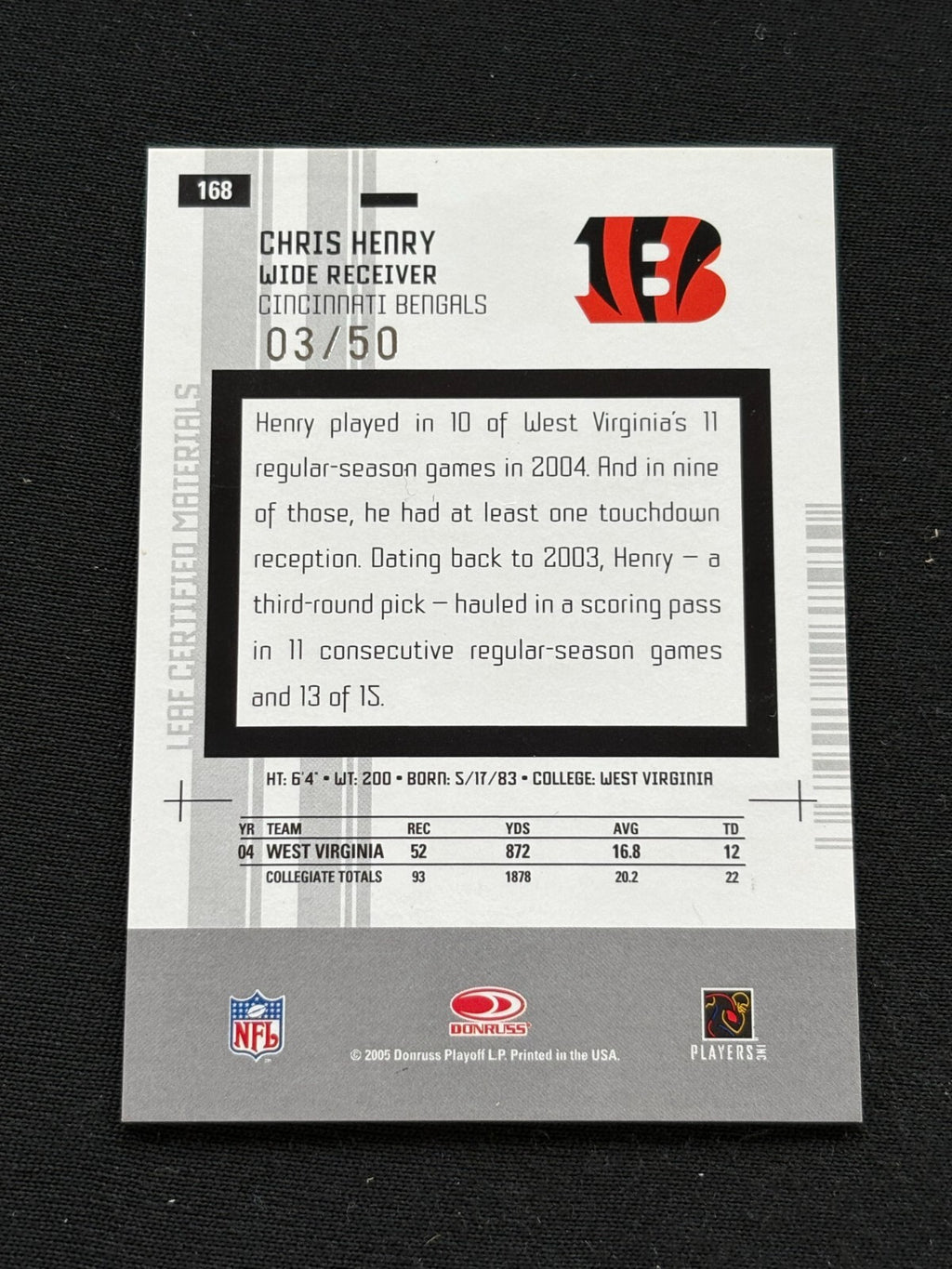Chris Henry 2005 Certified Red Auto Autograph Rookie RC Cincinnati Bengals 3/50