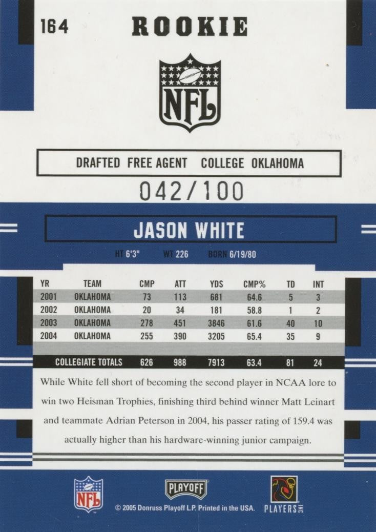 Jason White 2005 Prestige Purple Xtra Points Rookie RC Oklahoma Sooners 42/100