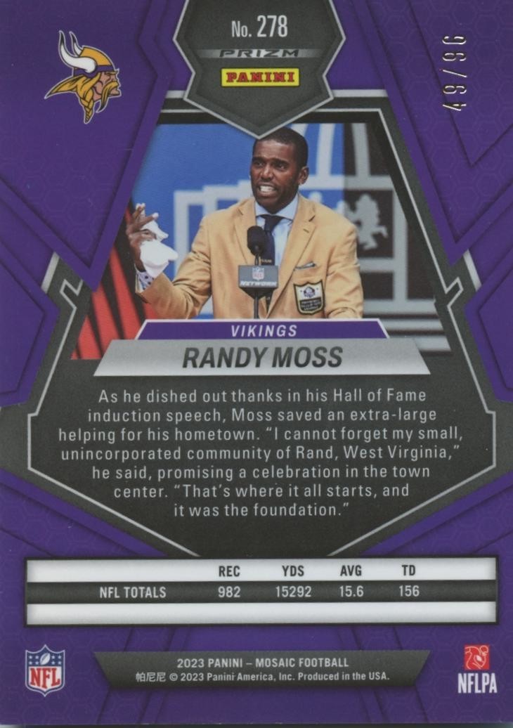 Randy Moss 2023 Mosaic HOF Blue Sparkle Prizm Minnesota Vikings 49/96