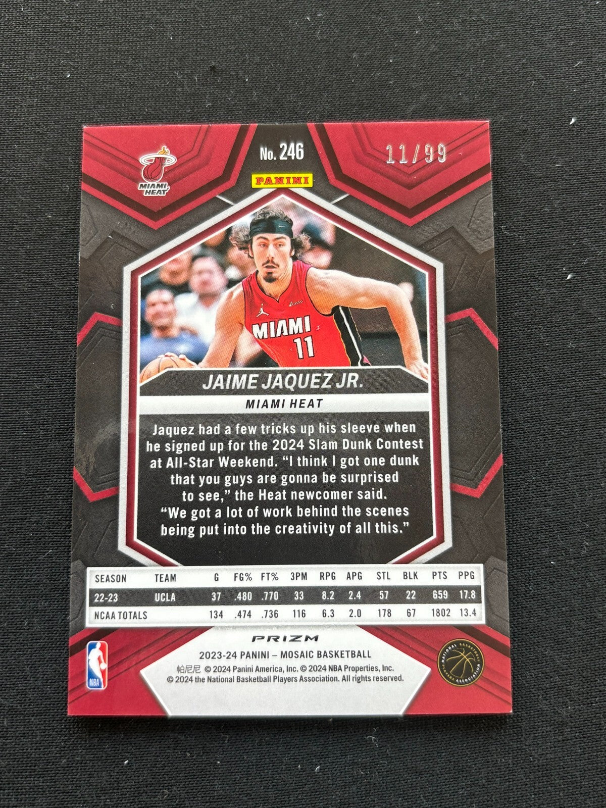 Jaime Jaquez Jr. 2023-24 Mosaic JERSEY NUMBER Purple RC Rookie Miami Heat 11/99