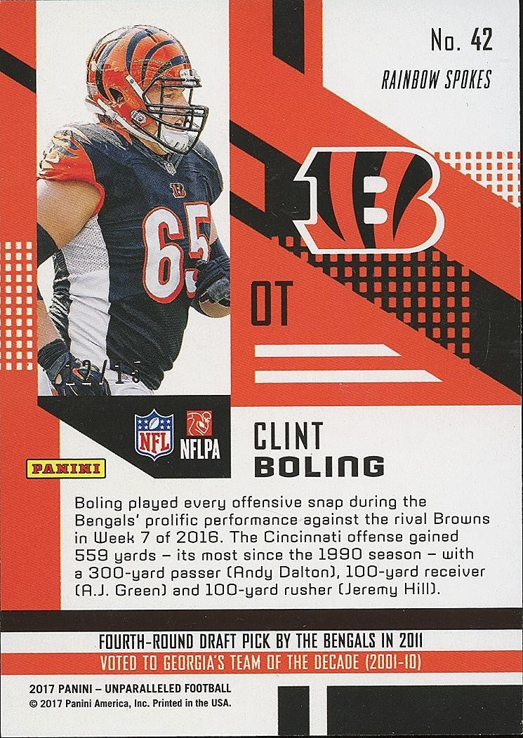 Clint Boling 2017 Unparalleled Red Rainbow Spokes Rookie RC SSP Bengals 12/15
