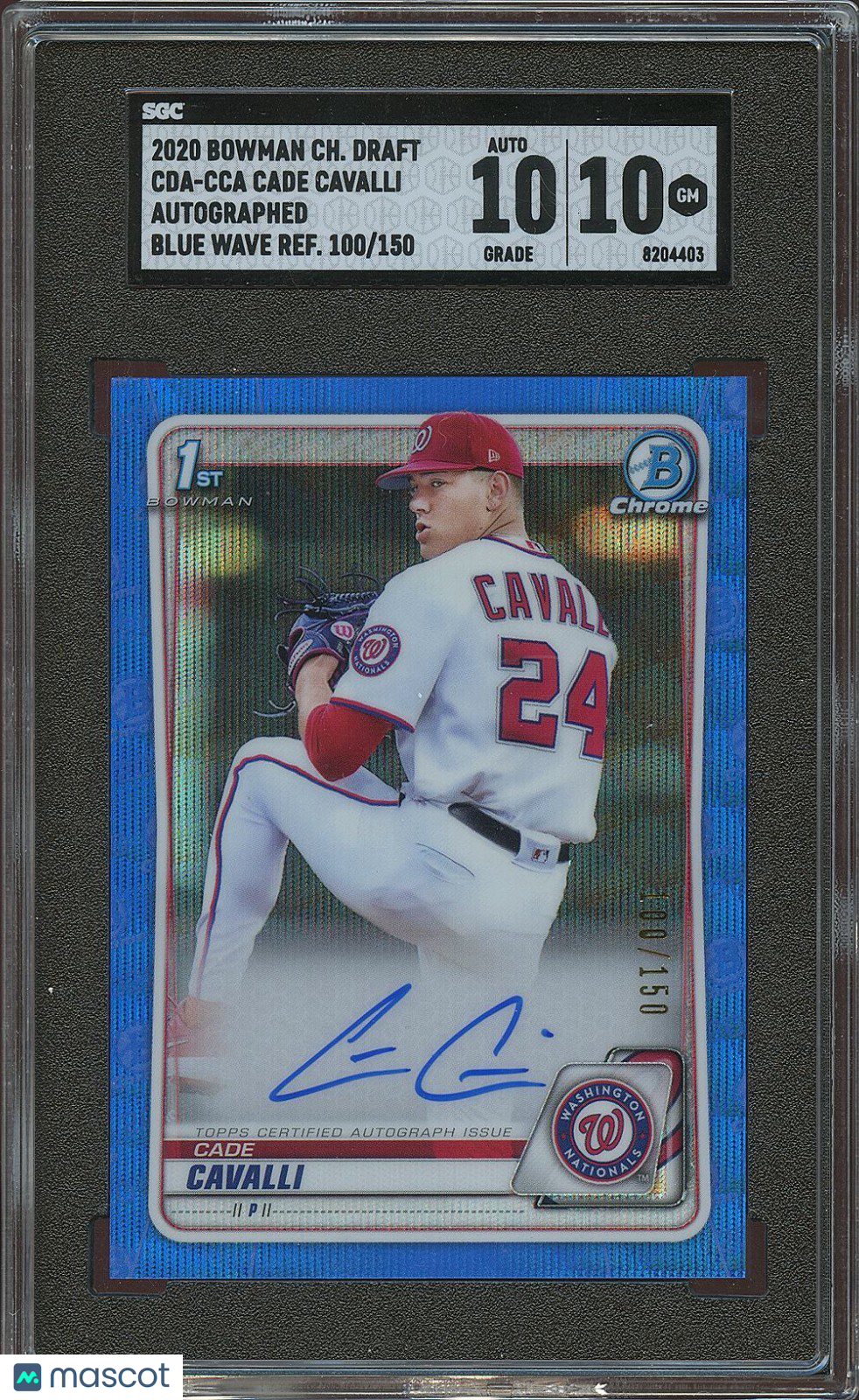 Cade Cavalli 2020 Bowman Chrome 1st Blue Wave Auto Autograph 100/150 SGC 10 10