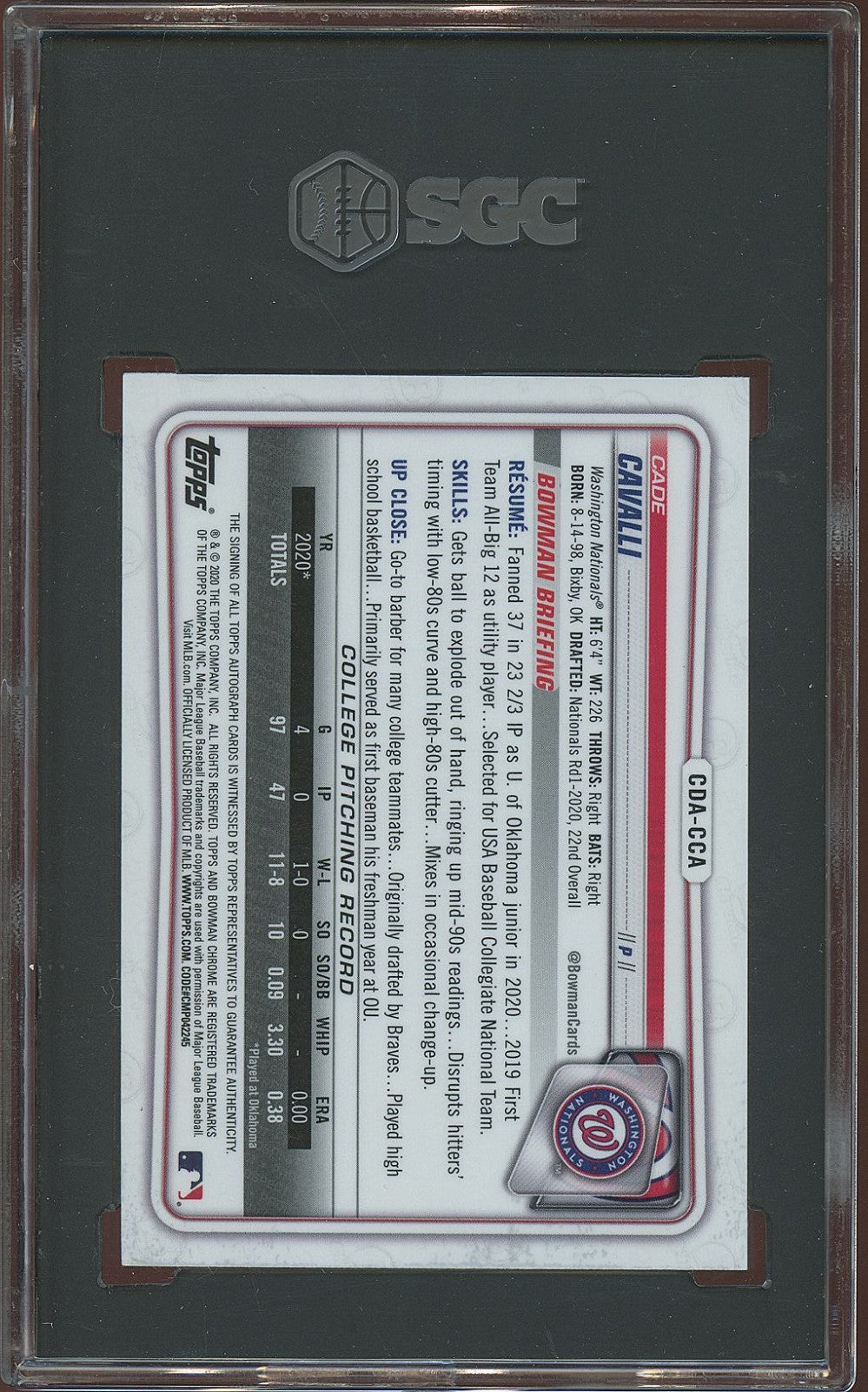 Cade Cavalli 2020 Bowman Chrome 1st Blue Wave Auto Autograph 100/150 SGC 10 10