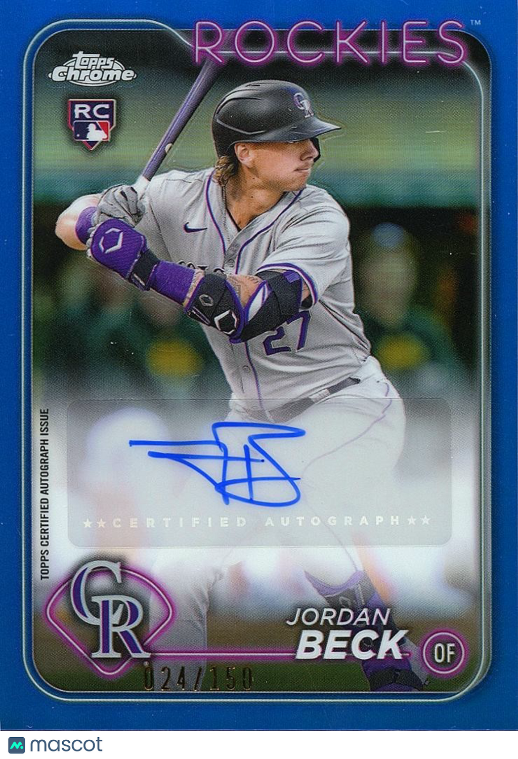 Jordan Beck 2024 Topps Chrome Blue Auto Autograph RC Colorado Rockies 24/150