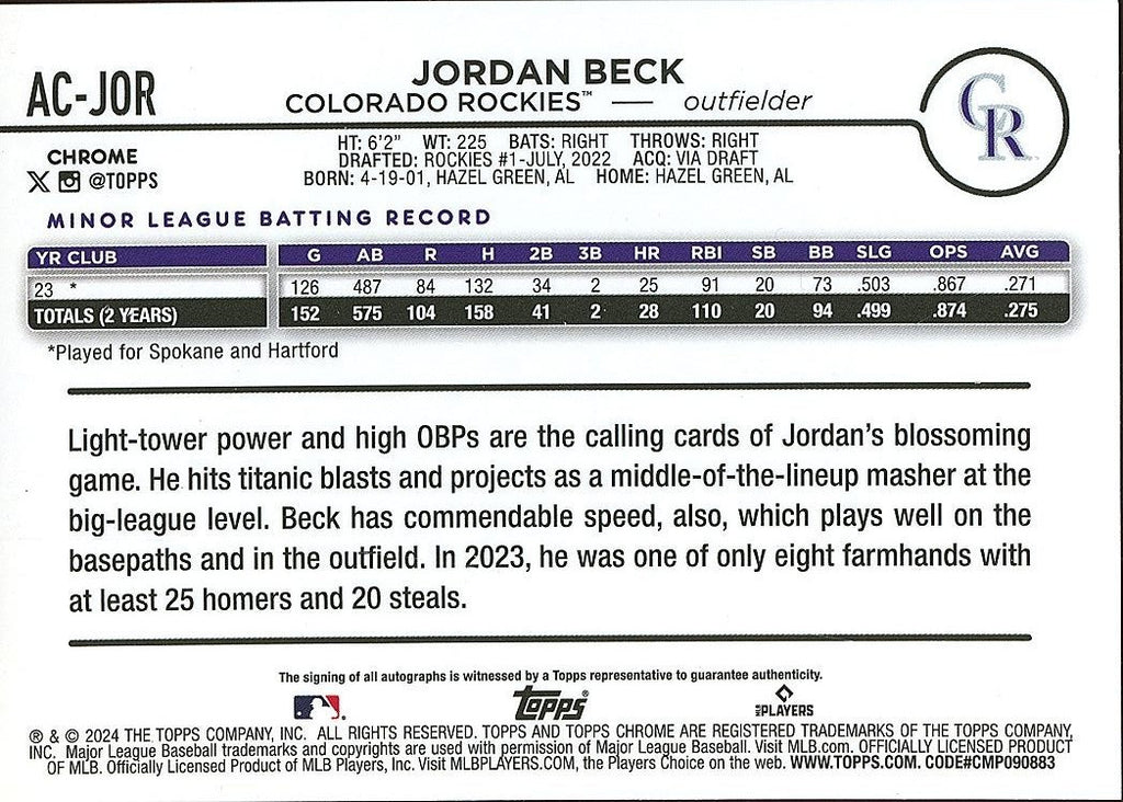 Jordan Beck 2024 Topps Chrome Blue Auto Autograph RC Colorado Rockies 24/150