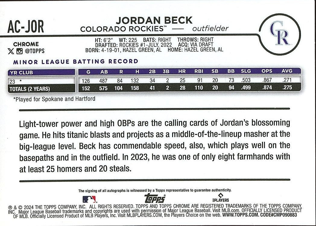 Jordan Beck 2024 Topps Chrome Blue Auto Autograph RC Colorado Rockies 24/150