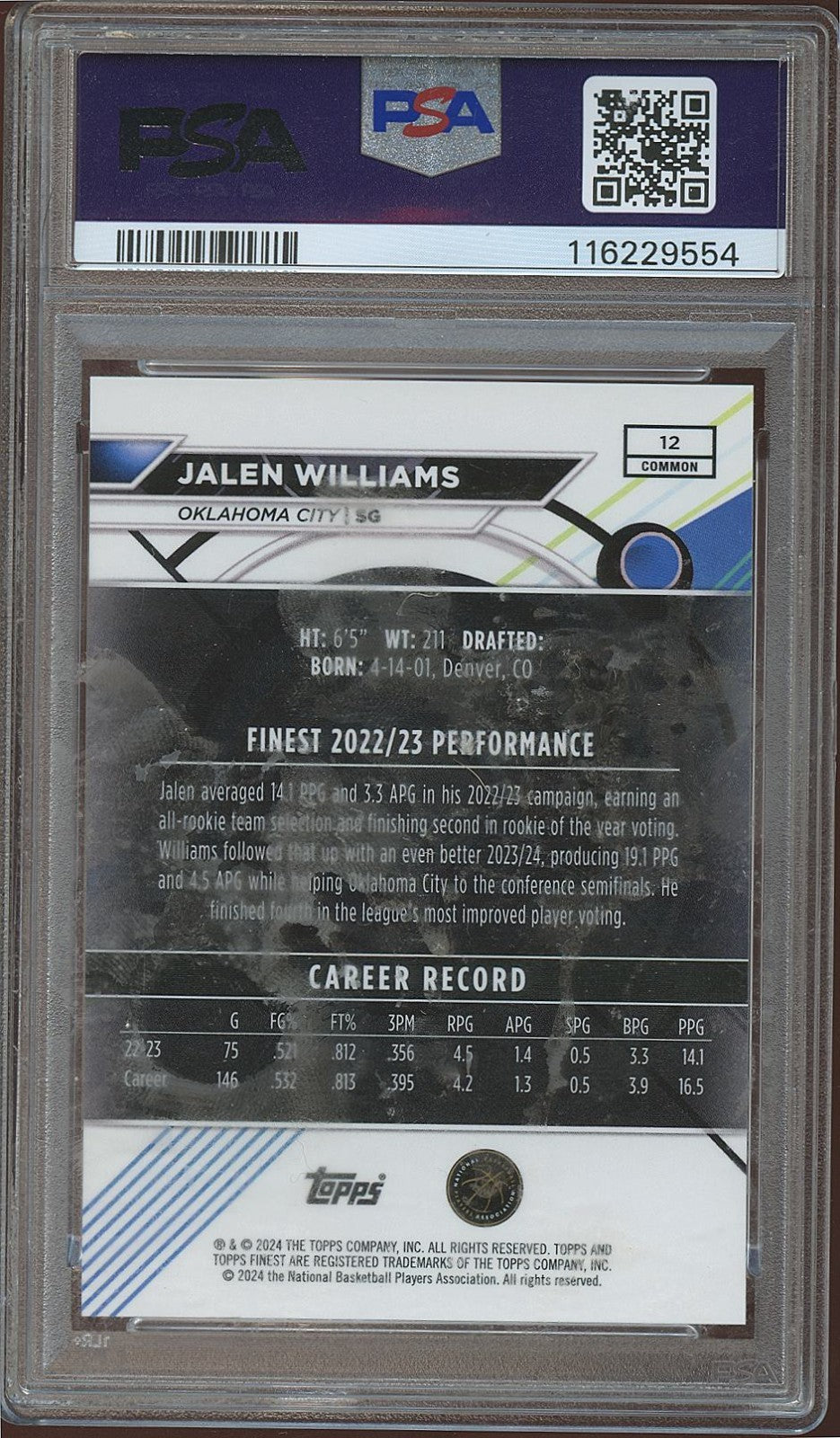 Jalen Williams 2023 Topps Finest Black Refractor SSP OKC Thunder 13/25 PSA 10