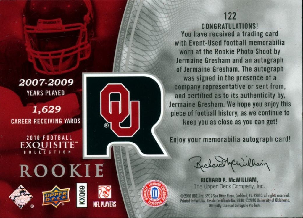 Jermaine Gresham 2010 Upper Deck Exquisite Auto Autograph Patch Sooners 65/120