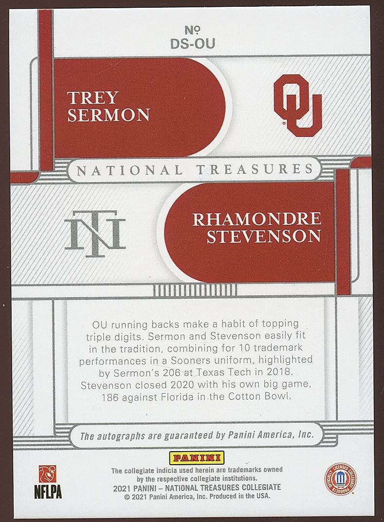 Rhamondre Stevenson / Trey Sermon 2021 National Treasures Autograph Sooners /75