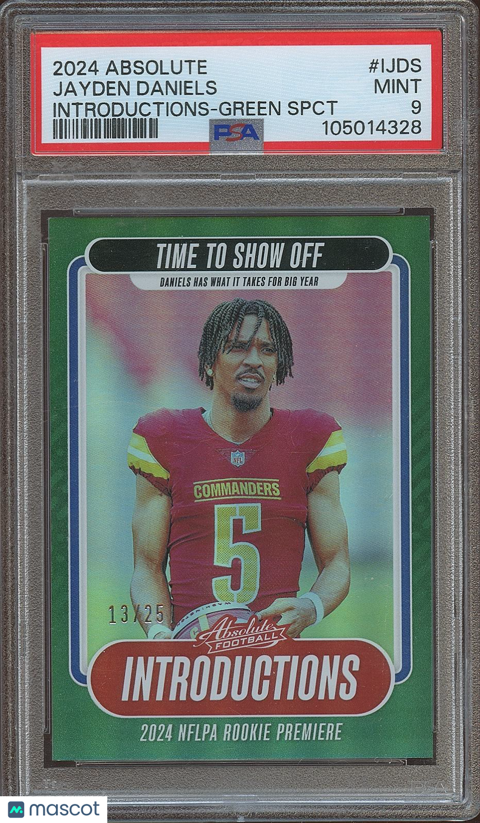 Jayden Daniels 2024 Absolute Green Spectrum Rookie RC Commanders 13/25 PSA 9