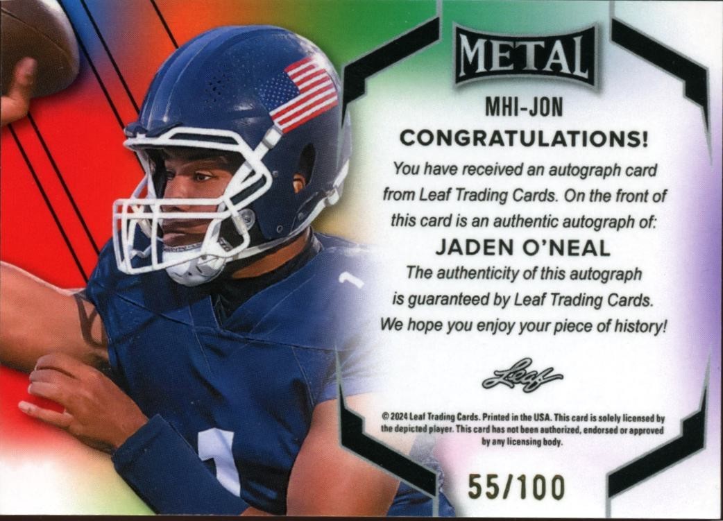 Jaden O'Neal 2024 Leaf Metal Inscriptions OU DNA Auto Autograph Sooners 55/100
