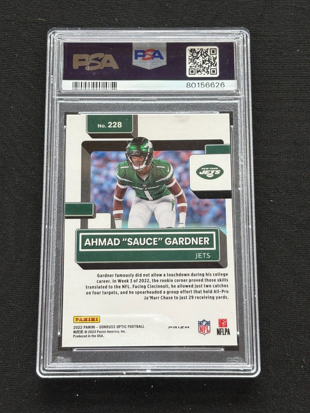 Ahmad Sauce Gardner 2022 Optic Rated Rookie Blue Glitter SSP NY Jets PSA 10