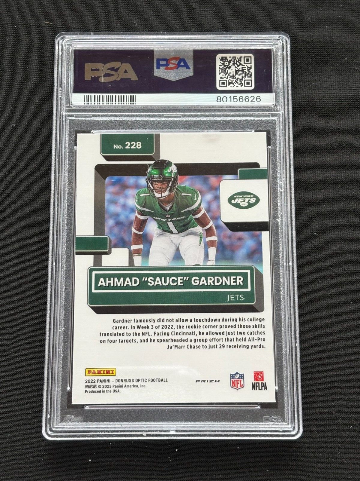 Ahmad Sauce Gardner 2022 Optic Rated Rookie Blue Glitter SSP NY Jets PSA 10