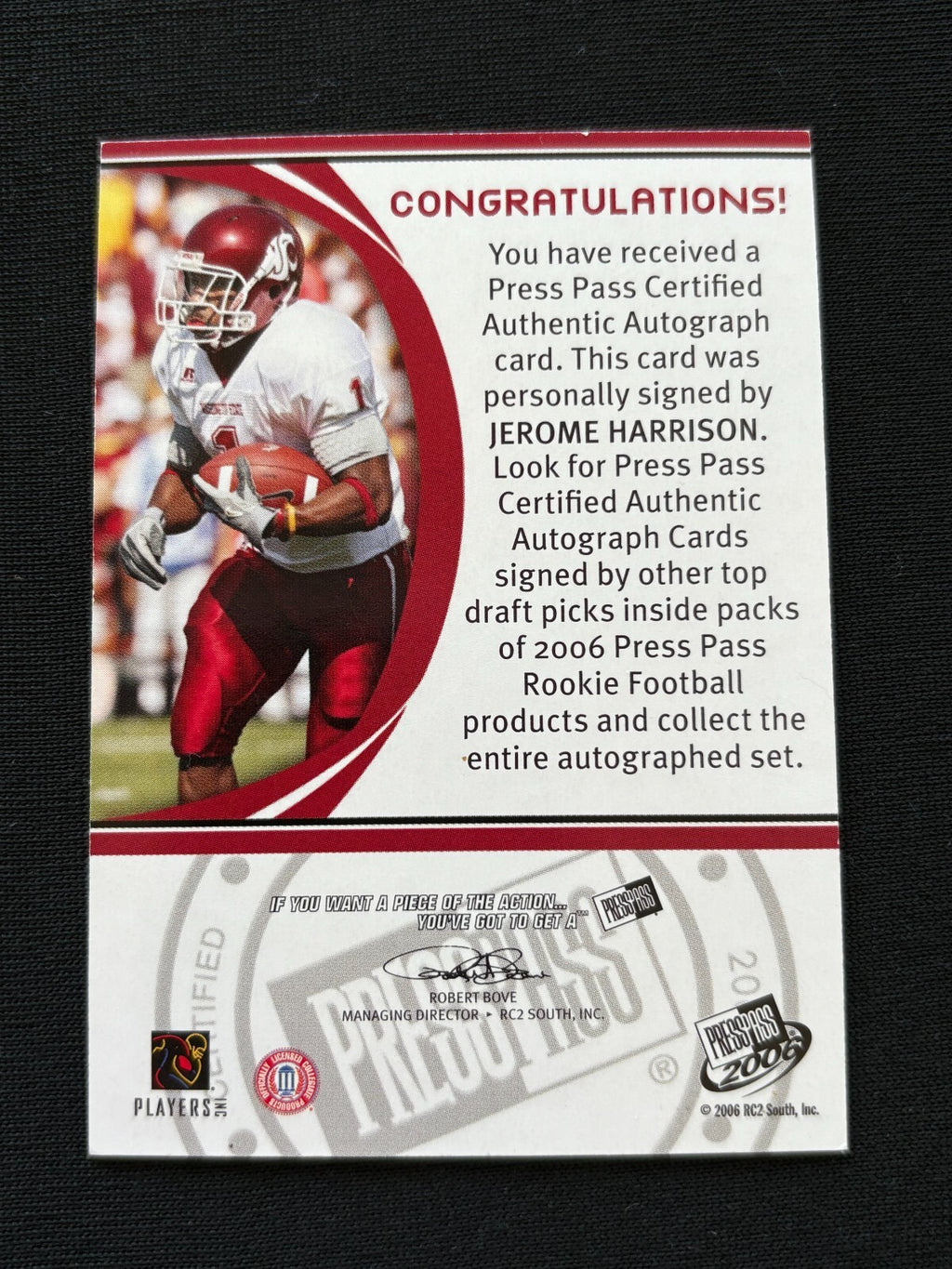 Jerome Harrison 2006 Press Pass Red Ink SSP Auto Autograph Washington St. PR /56