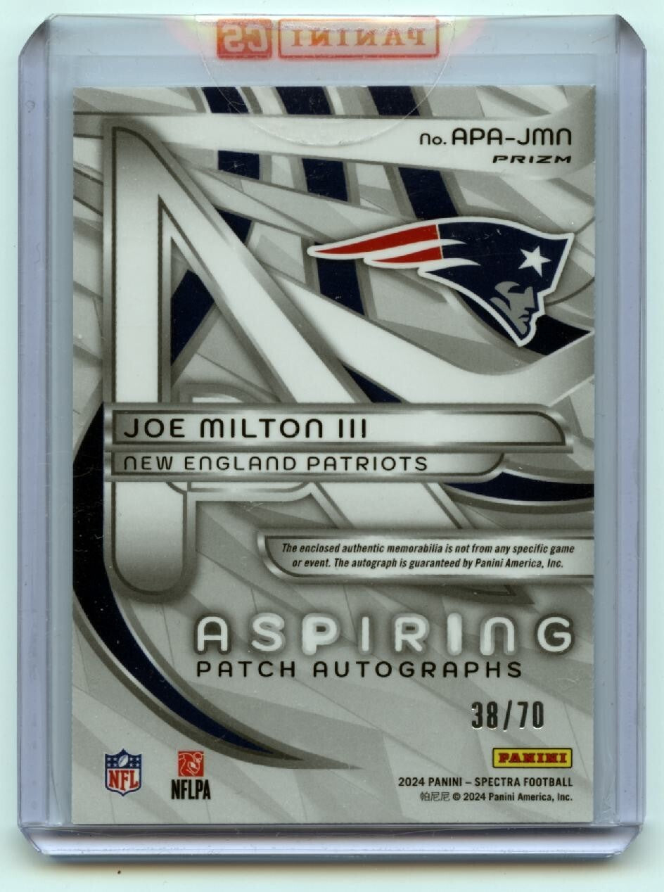 Joe Milton III 2024 Spectra Auto Autograph Patch RC New England Patriots 38/70