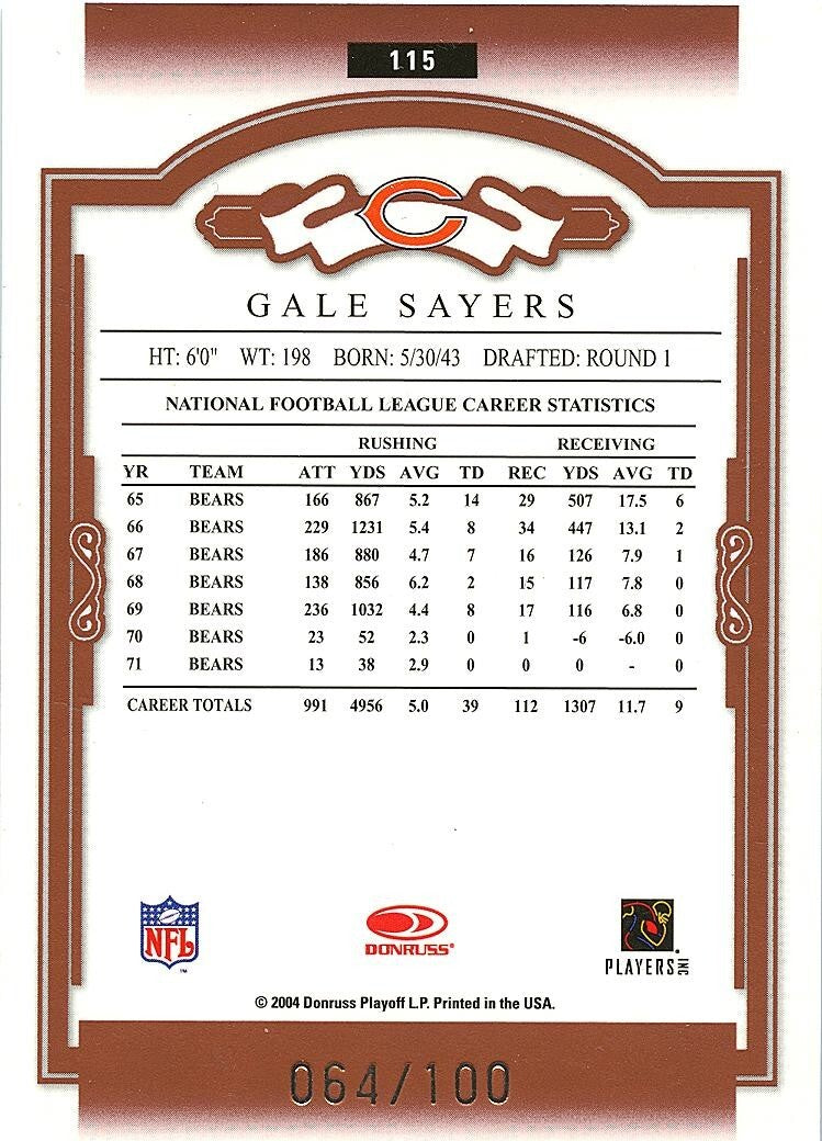 Gale Sayers 2004 Classics Red Timeless Tributes Chicago Bears 64/100 #115