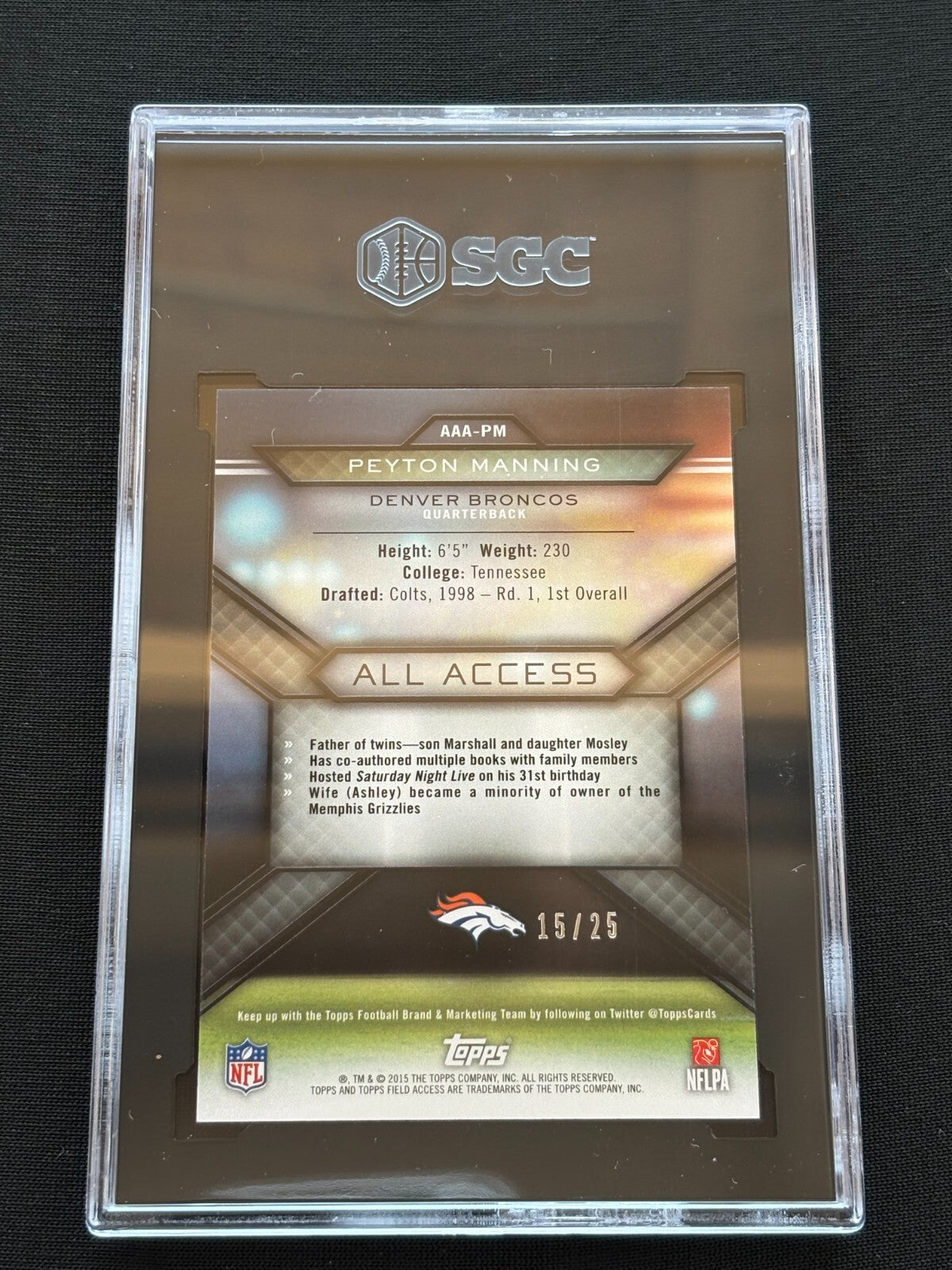 Peyton Manning 2015 Topps Field Access Purple Denver Broncos 15/25 SGC 9.5
