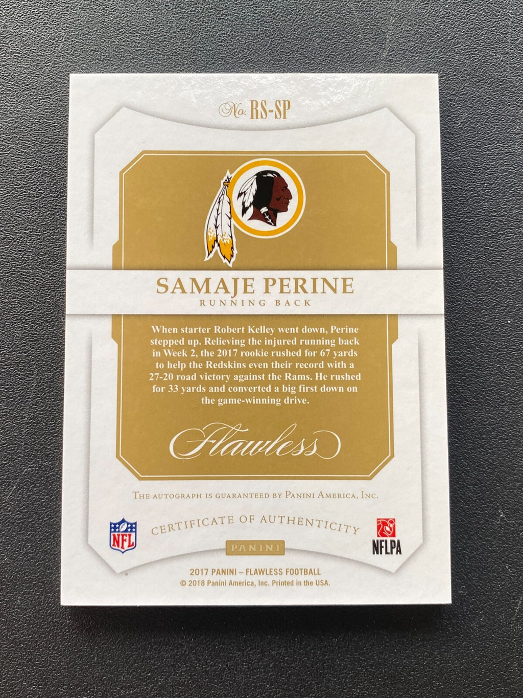 Samaje Perine 2017 Flawless Auto Autograph RC Gold Redskins OU Sooners 19/25