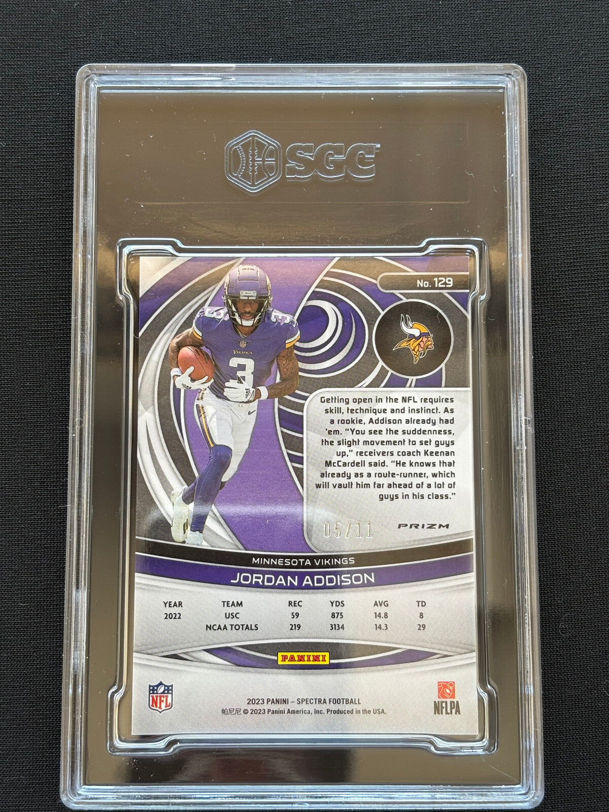 Jordan Addison 2023 Spectra Wave Prizm Rookie RC Minnesota Vikings 5/11 SGC 10