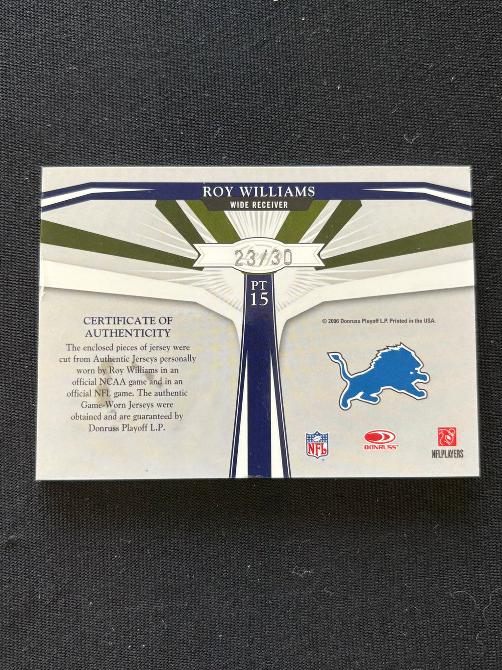 Roy Williams 2006 Leaf Limited Game Worn Jersey Patch Texas Longhorns Lions /30