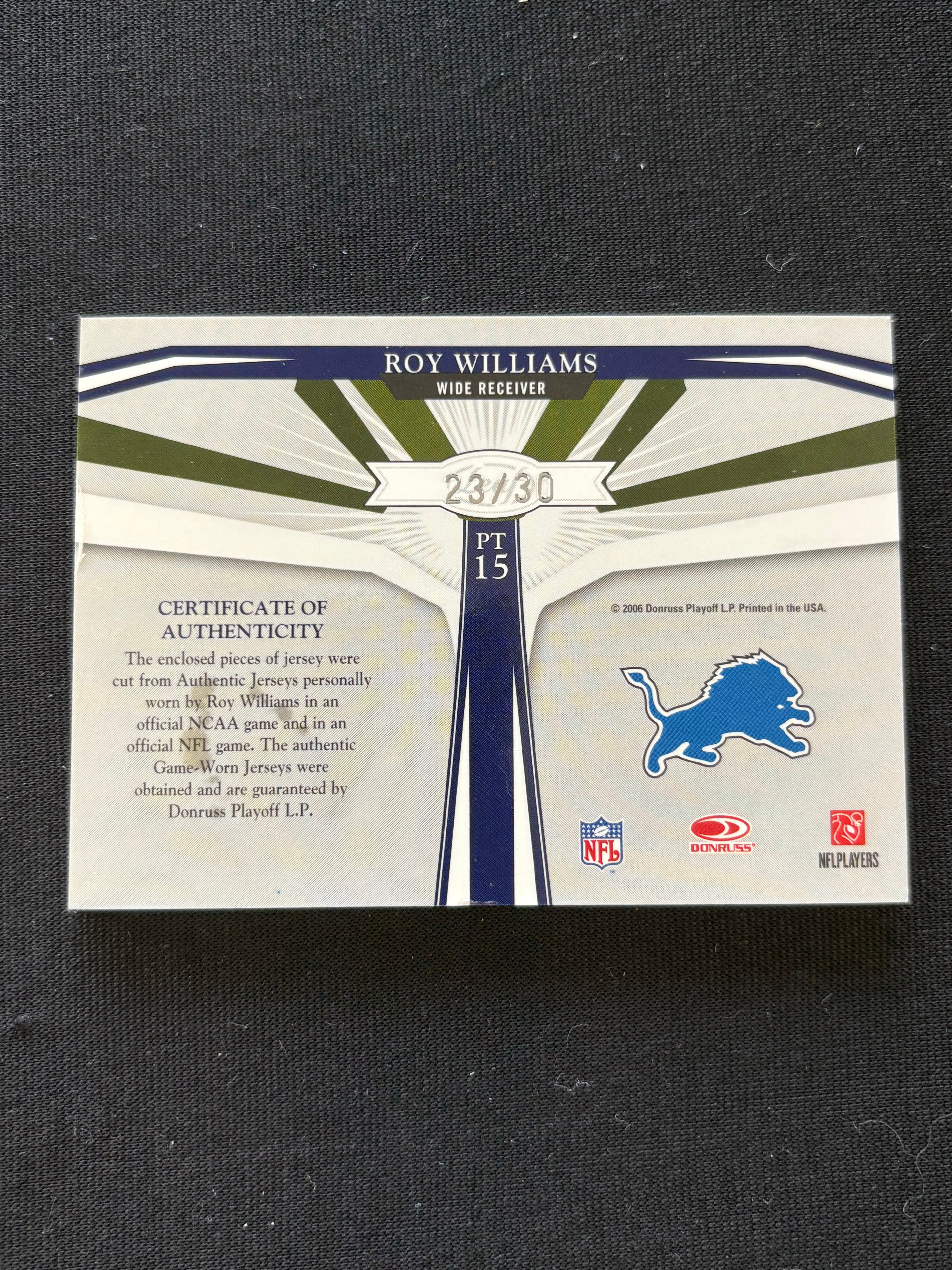 Roy Williams 2006 Leaf Limited Game Worn Jersey Patch Texas Longhorns Lions /30