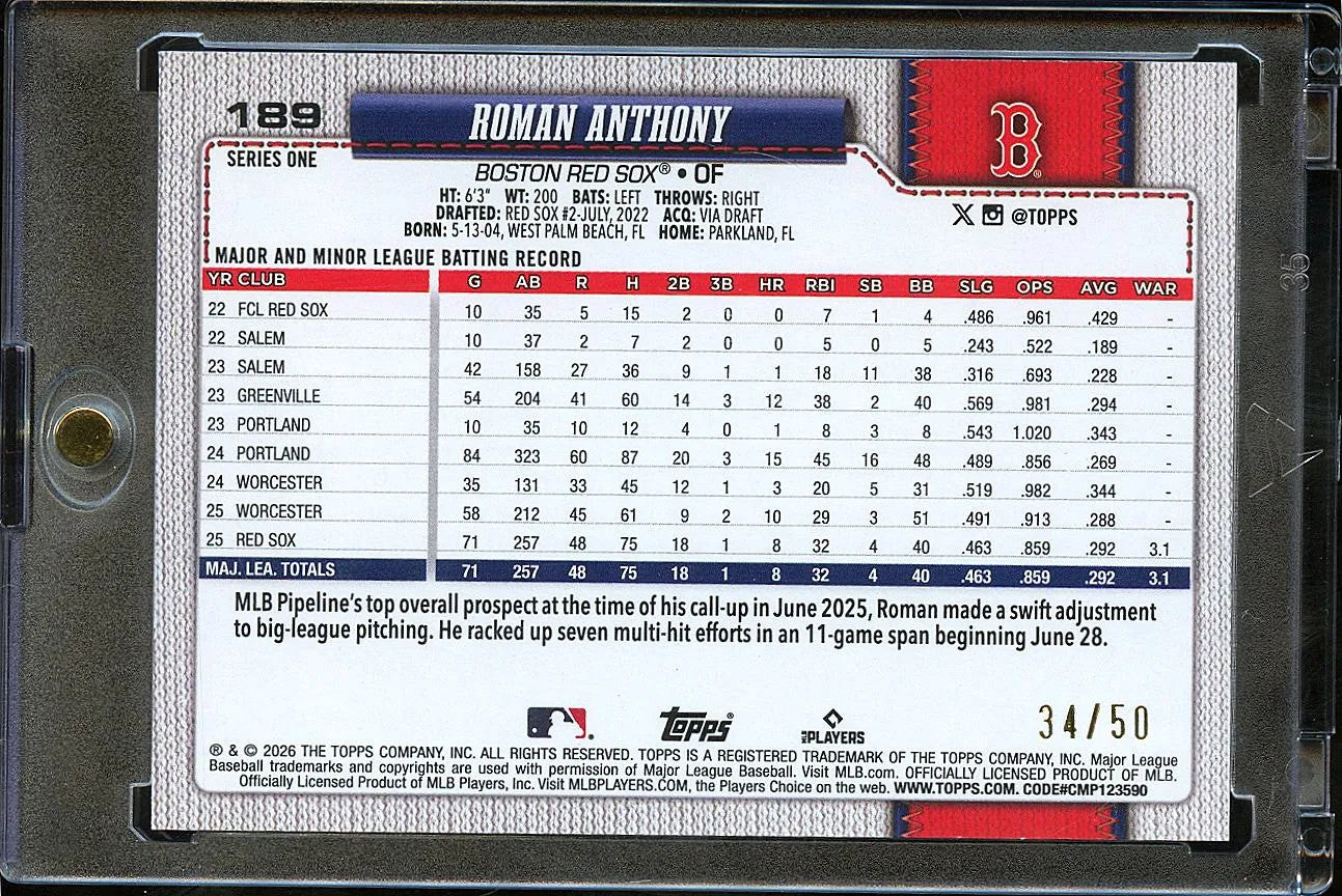 Roman Anthony 2026 Topps Series One RC GOLD Rookie RC 34/50 Boston Red Sox