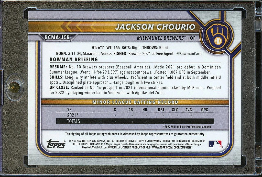 Jackson Chourio 2022 Bowman Chrome Mojo Auto Autograph RC Milwaukee Brewers