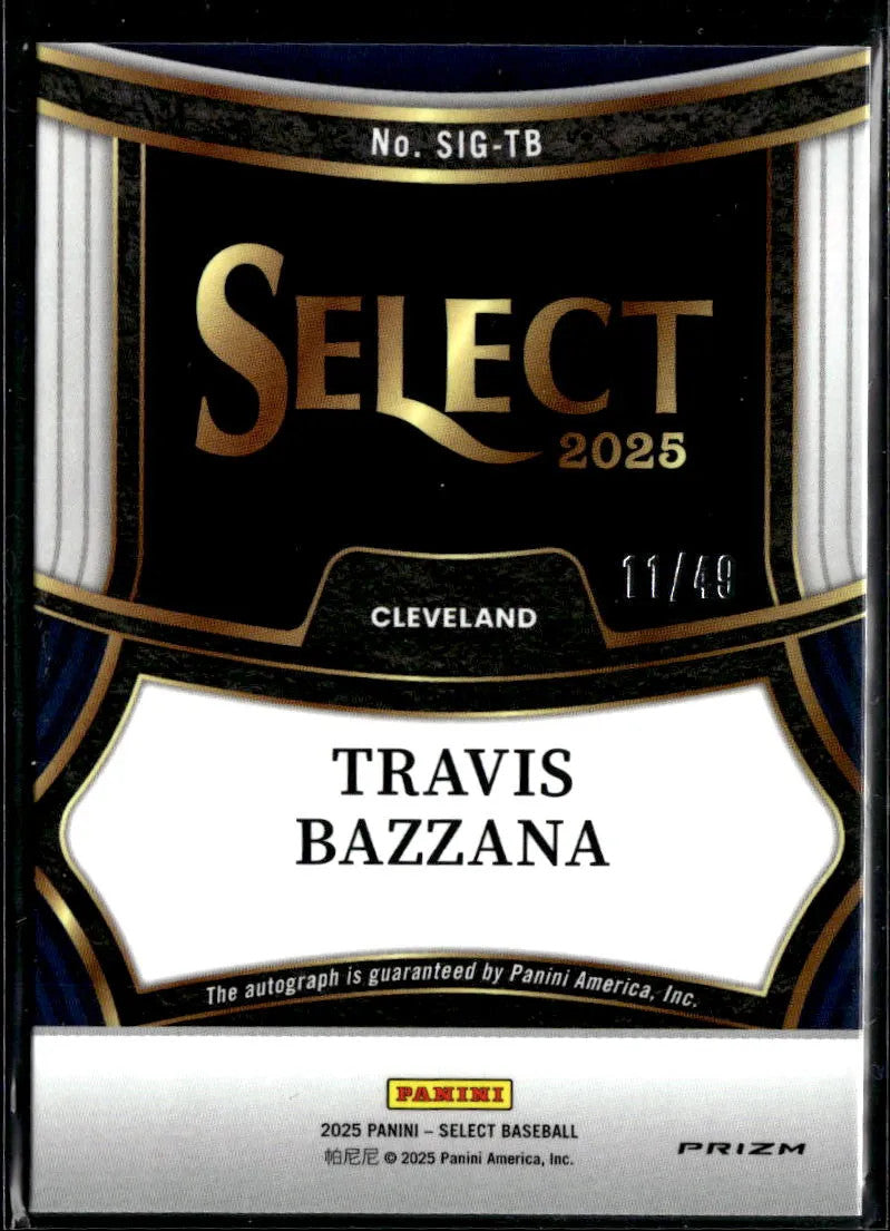 Travis Bazzana 2025 Select Auto Autograph Blue Prizm 11/49 Cleveland Guardians