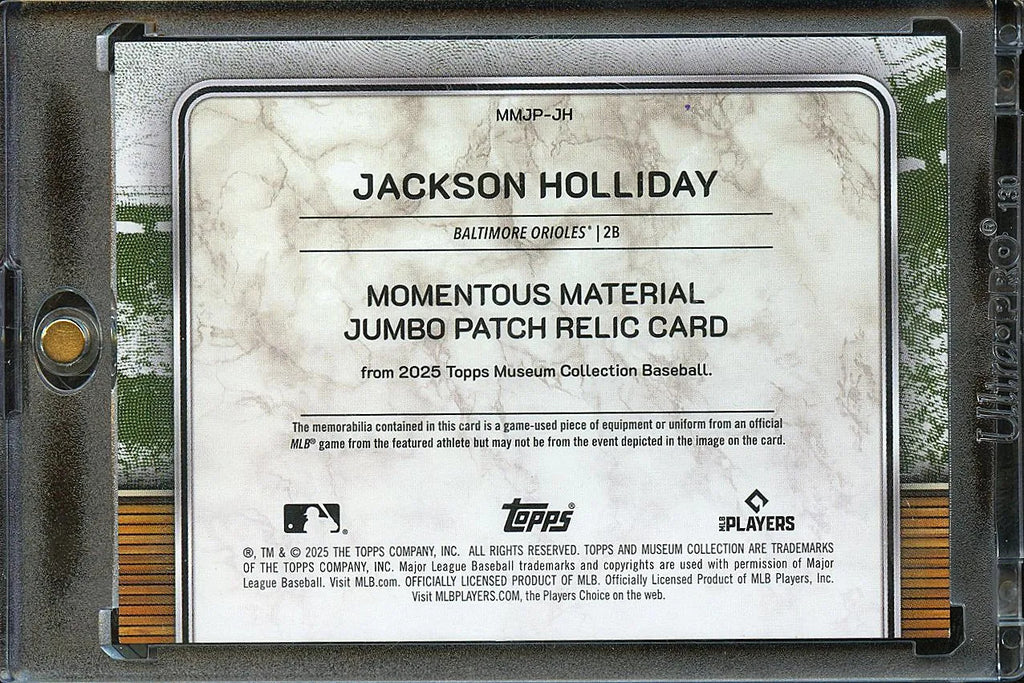 Jackson Holliday 2025 Museum Collection Game Worn Jersey Patch 2/15 Orioles