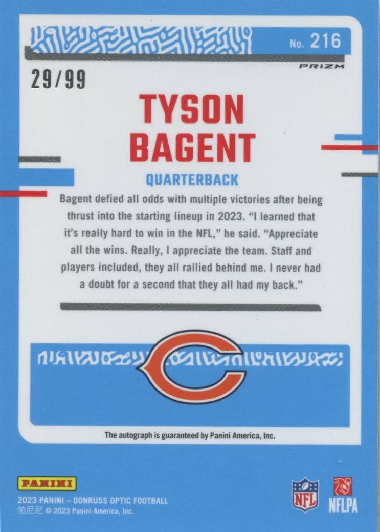 Tyson Bagent 2023 Optic Rated Rookie Blue Auto Autograph RC Chicago Bears 29/99