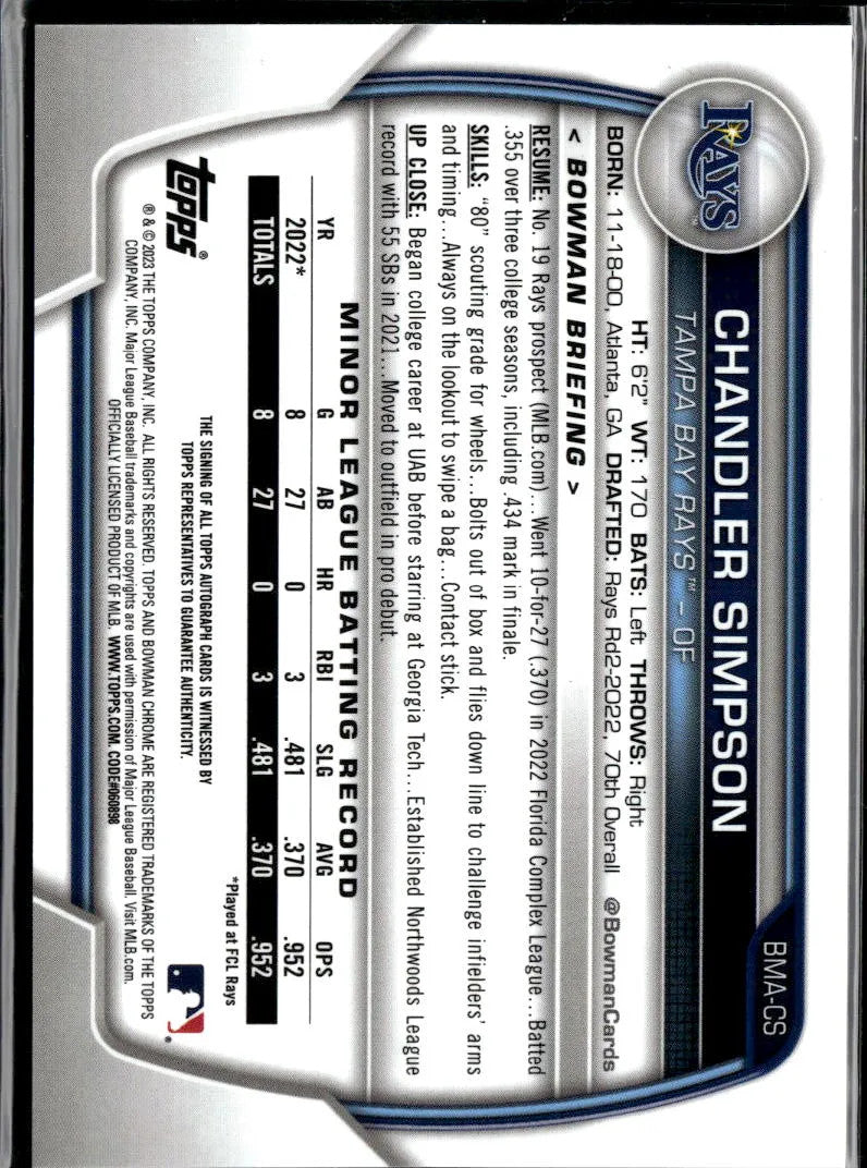 Chandler Simpson 2023 Bowman Chrome Mega Box Auto Autograph RC Tampa Bay Rays