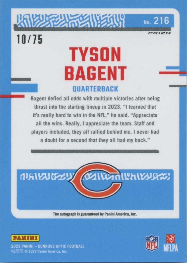 Tyson Bagent 2023 Optic Rated Rookie Red Auto Autograph RC Bears 10/75