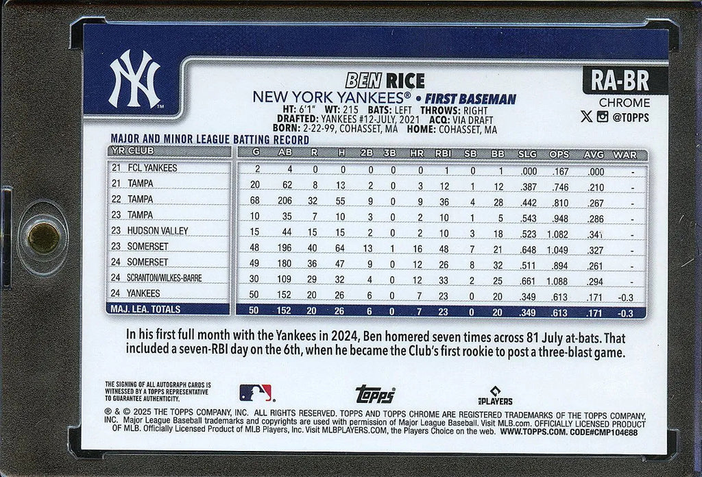 Ben Rice 2025 Topps Chrome Auto Autograph Rookie RC New York Yankees