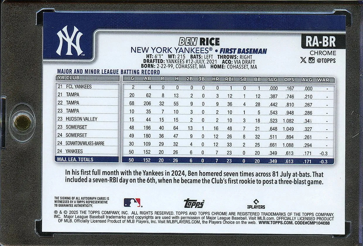 Ben Rice 2025 Topps Chrome Auto Autograph Rookie RC New York Yankees