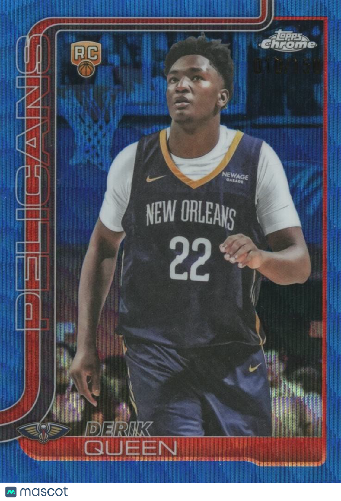 Derik Queen 2025-26 Topps Chrome Blue Wave Refractor Rookie RC Pelicans 10/150