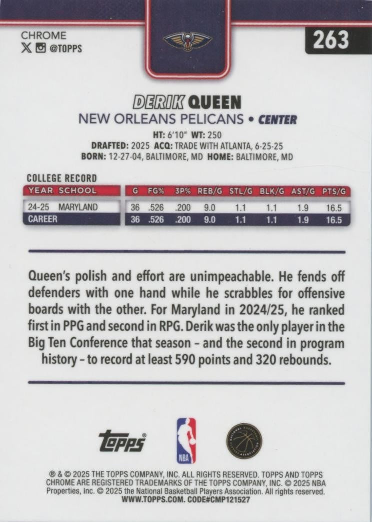 Derik Queen 2025-26 Topps Chrome Blue Wave Refractor Rookie RC Pelicans 10/150