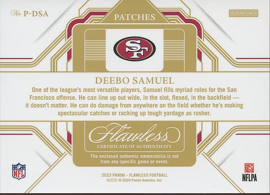 Deebo Samuel 2023 Flawless 3 Color Jersey Patch San Francisco 49ers 3/20