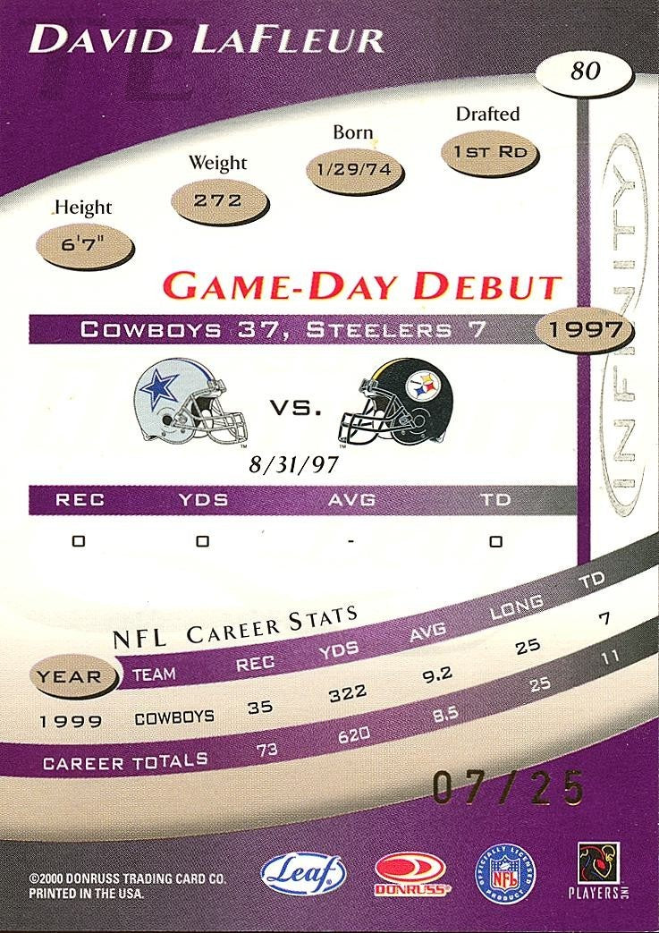 David Lafleur 2000 Quantum Leaf Infinity Purple Dallas Cowboys 7/25 #80