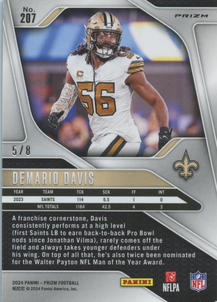 Demario Davis 2024 Prizm Green Sparkle Prizm SSP New Orleans Saints 5/8
