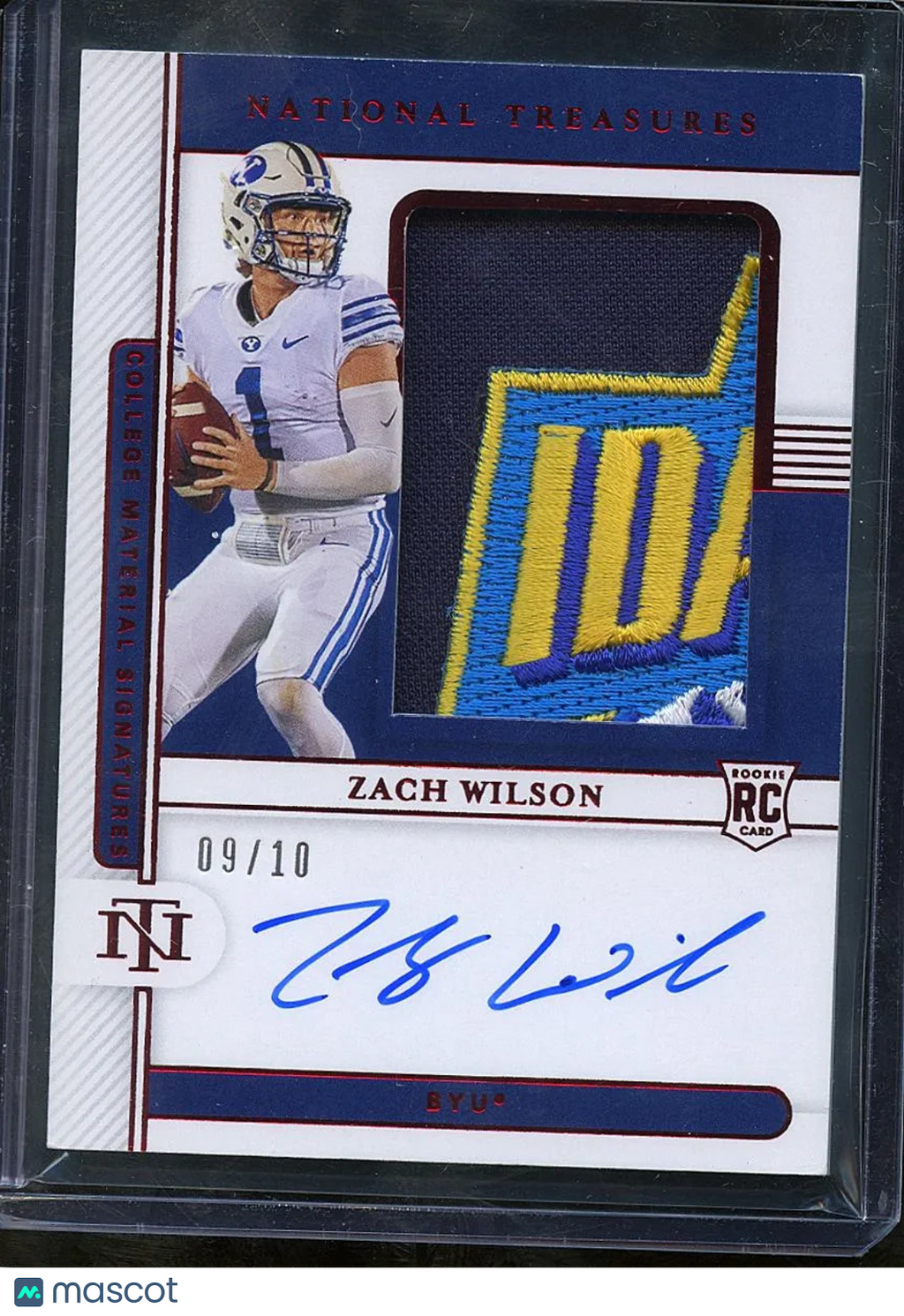 Zach Wilson 2021 National Treasures Auto Autograph LOGO Patch RC BYU 9/10