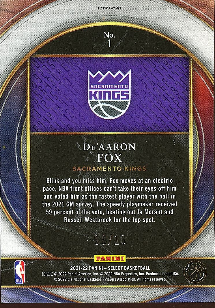 De'Aaron Fox 2021-22 Select Numbers GOLD Prizm Sacramento Kings 6/10