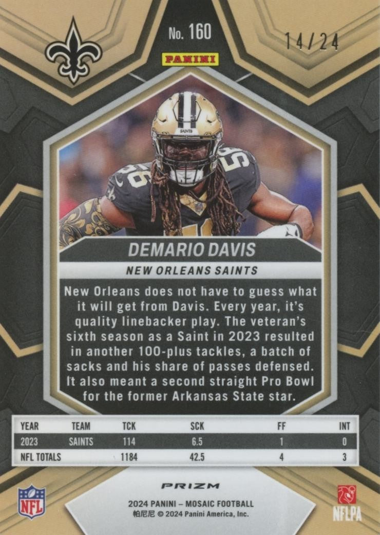 Demario Davis 2024 Mosaic GOLD Sparkle Prizm New Orleans Saints 14/24