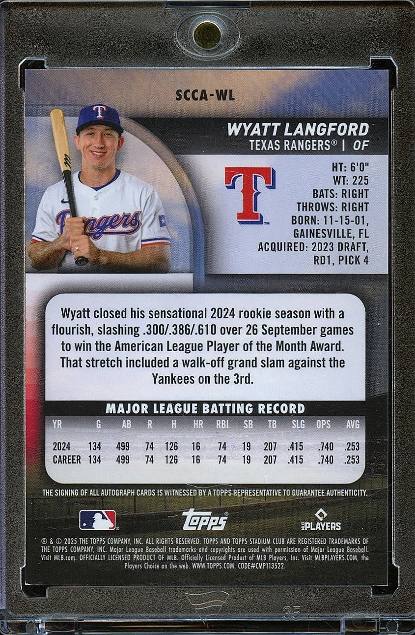 Wyatt Langford 2025 Stadium Club Auto Autograph Texas Rangers 52/99
