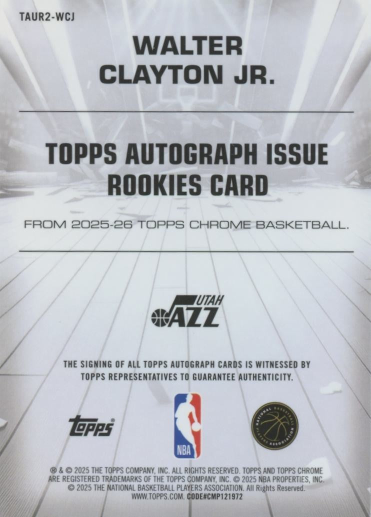 Walter Clayton Jr. 2025-26 Topps Chrome Auto Autograph Rookie Purple Jazz 3/75